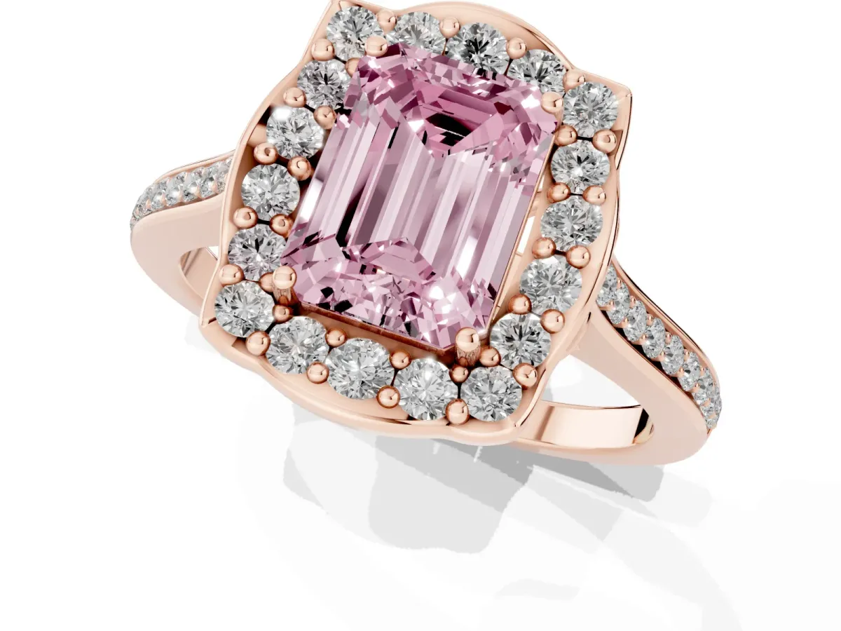 Fancy Pink Emerald Cut Halo Round Diamond Pave Band with Four-Prong Setting Rose gold