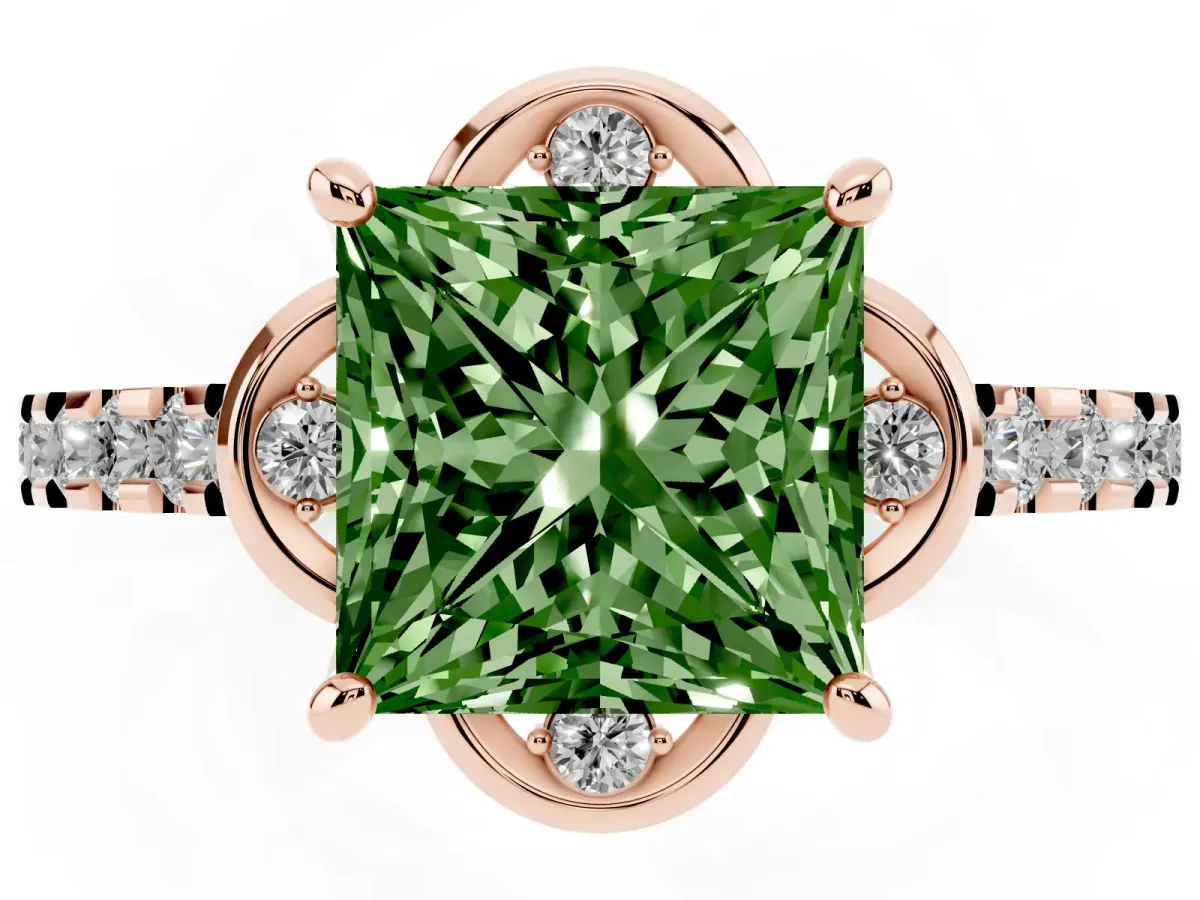Fancy Green Princess Cut Diamond Ring with Pavé Band and Floral Prong Setting Rose gold