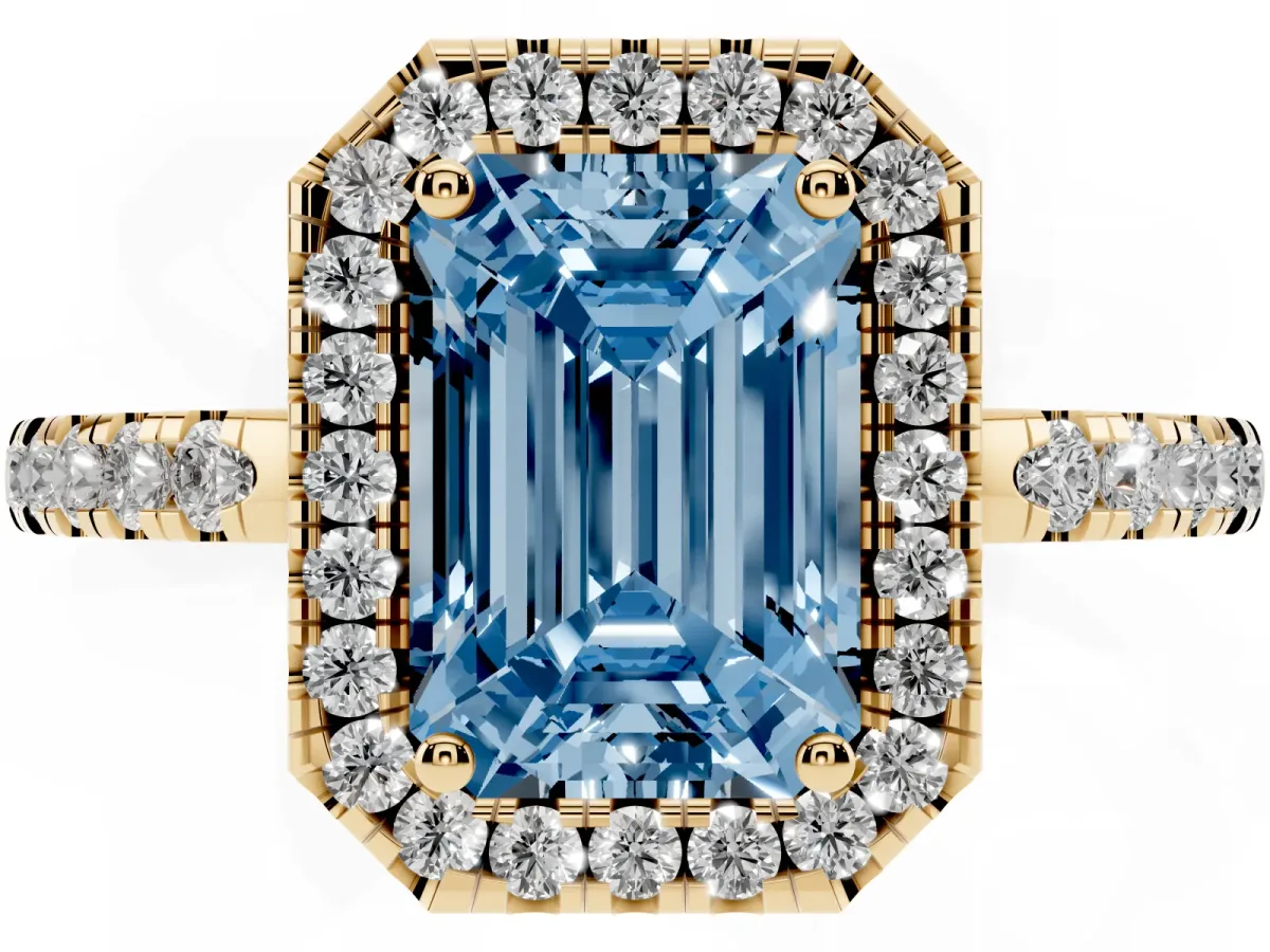 Fancy Blue Emerald Cut Halo Diamond Engagement Ring with Pavé Band and Four-Prong Setting Yellow gold
