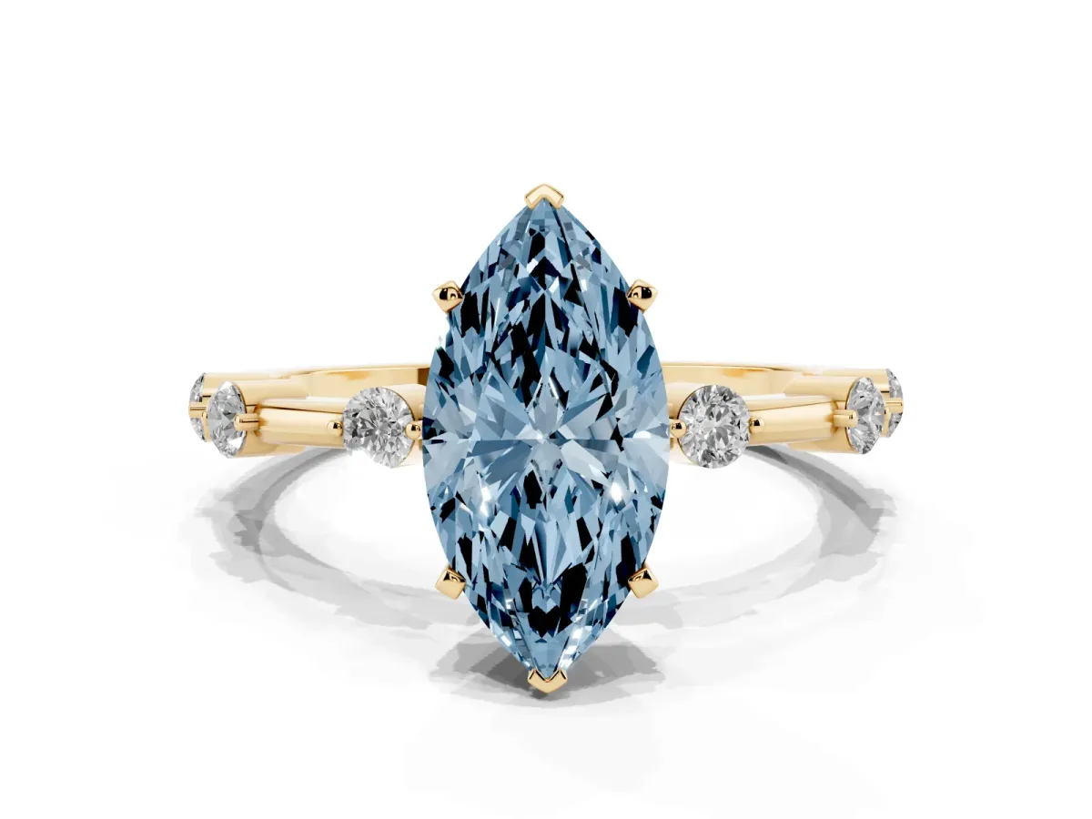 Fancy Blue Marquise Cut Solitaire Diamond Ring with Bezel Set Side Stones and Prong Setting Yellow gold