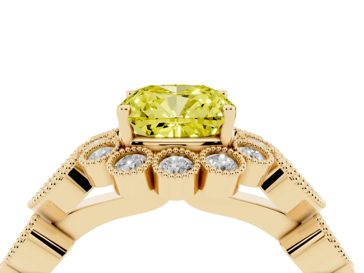 Fancy Yellow Cushion Cut Brilliant Milgrain Pave Heart Band Solitaire Ring Yellow gold