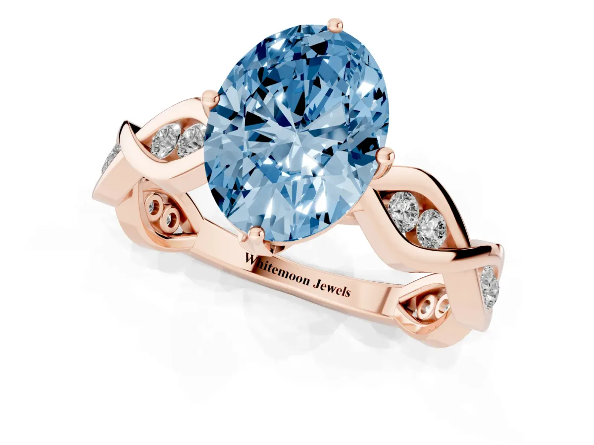 Fancy Blue Oval Cut Solitaire Twist Band with Leaf Prong Setting Rose gold