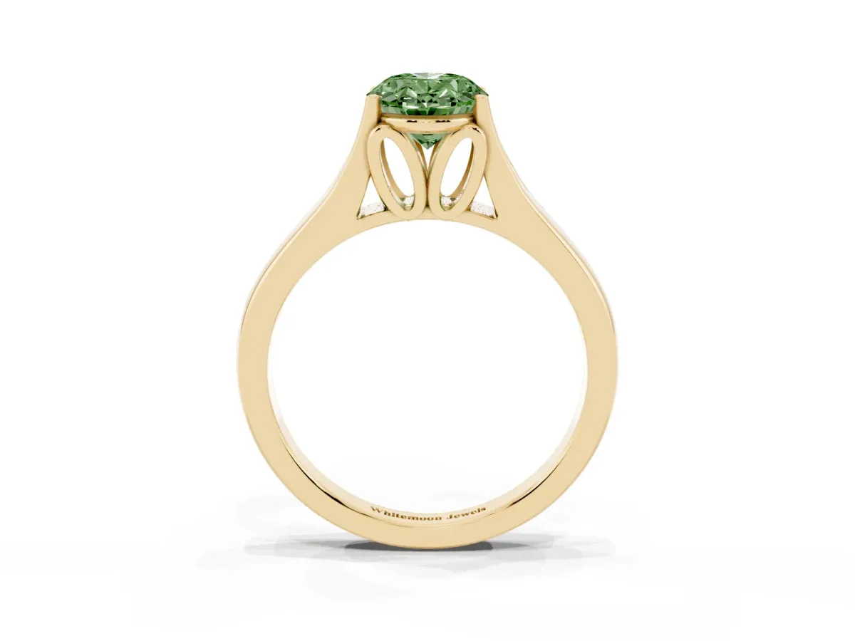 Fancy Green Oval Cut Solitaire Diamond Ring with Cathedral Band and Four-Prong Setting Yellow gold