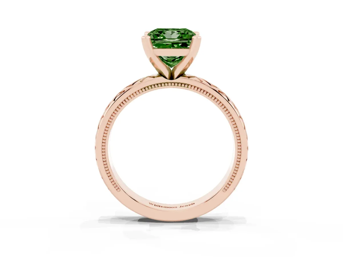 Fancy Green Princess Cut Solitaire Diamond Ring with Milgrain and Black Enamel X Pattern Band Rose gold