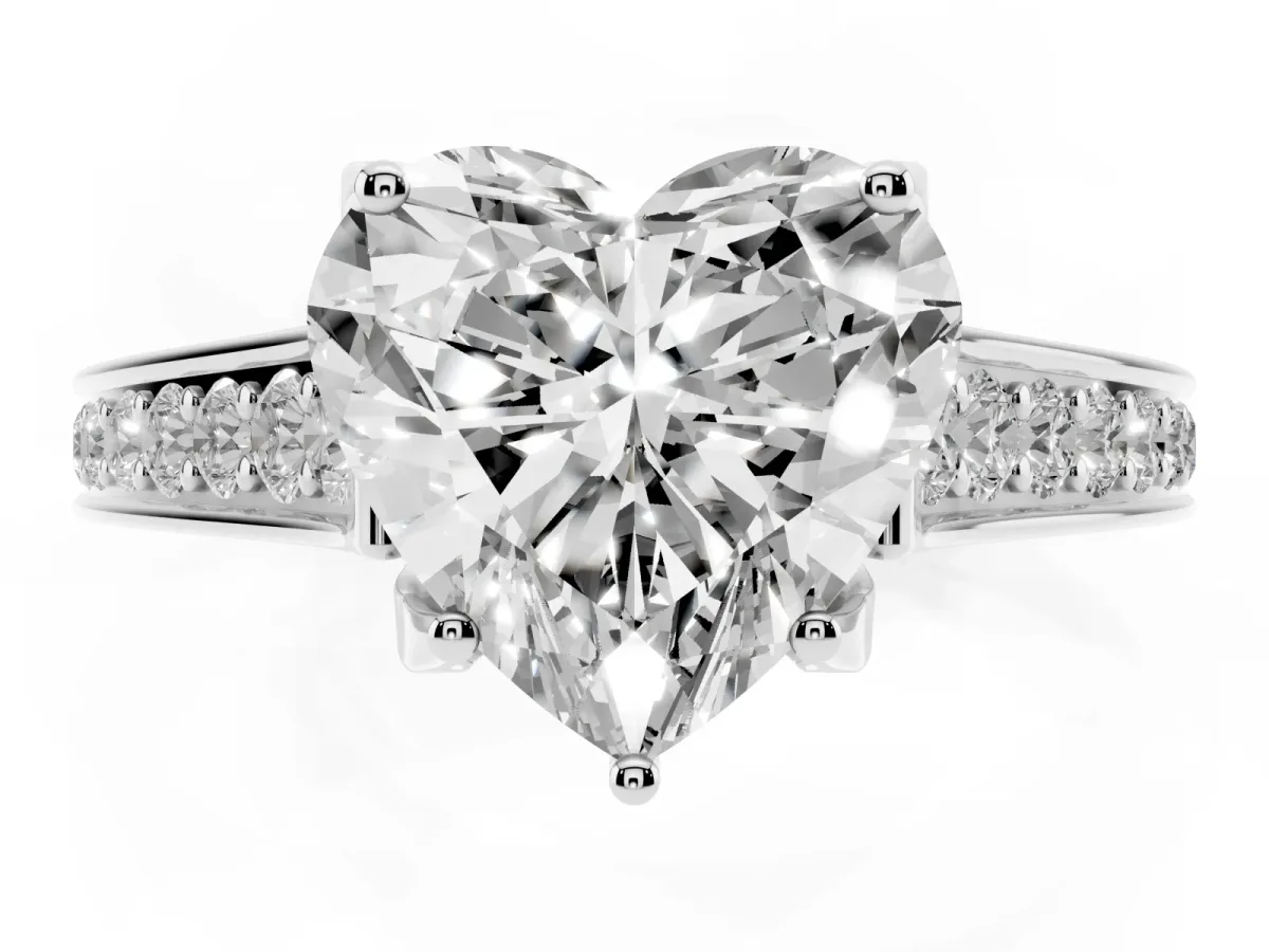 Heart Cut Brilliant Cut Diamond Engagement Ring with Pavé Band and Four-Prong Setting Silver