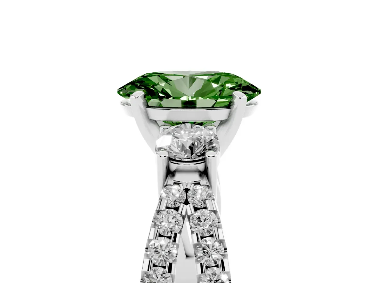 Fancy Green Oval Cut Diamond Three-Stone Ring with Pavé Split Shank and Four-Prong Setting Silver