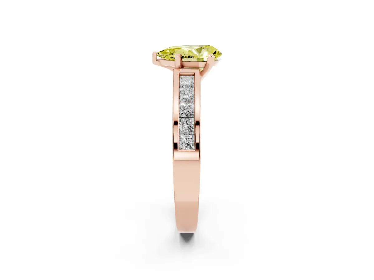 Fancy Yellow Pear Cut Solitaire Diamond Ring with Channel-Set Band and Four-Prong Setting Rose gold