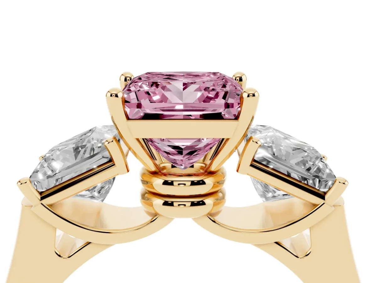 Fancy Pink Three-Stone Princess Cut Brilliant Diamond Trellis Ring with Comfort Fit Band Yellow gold