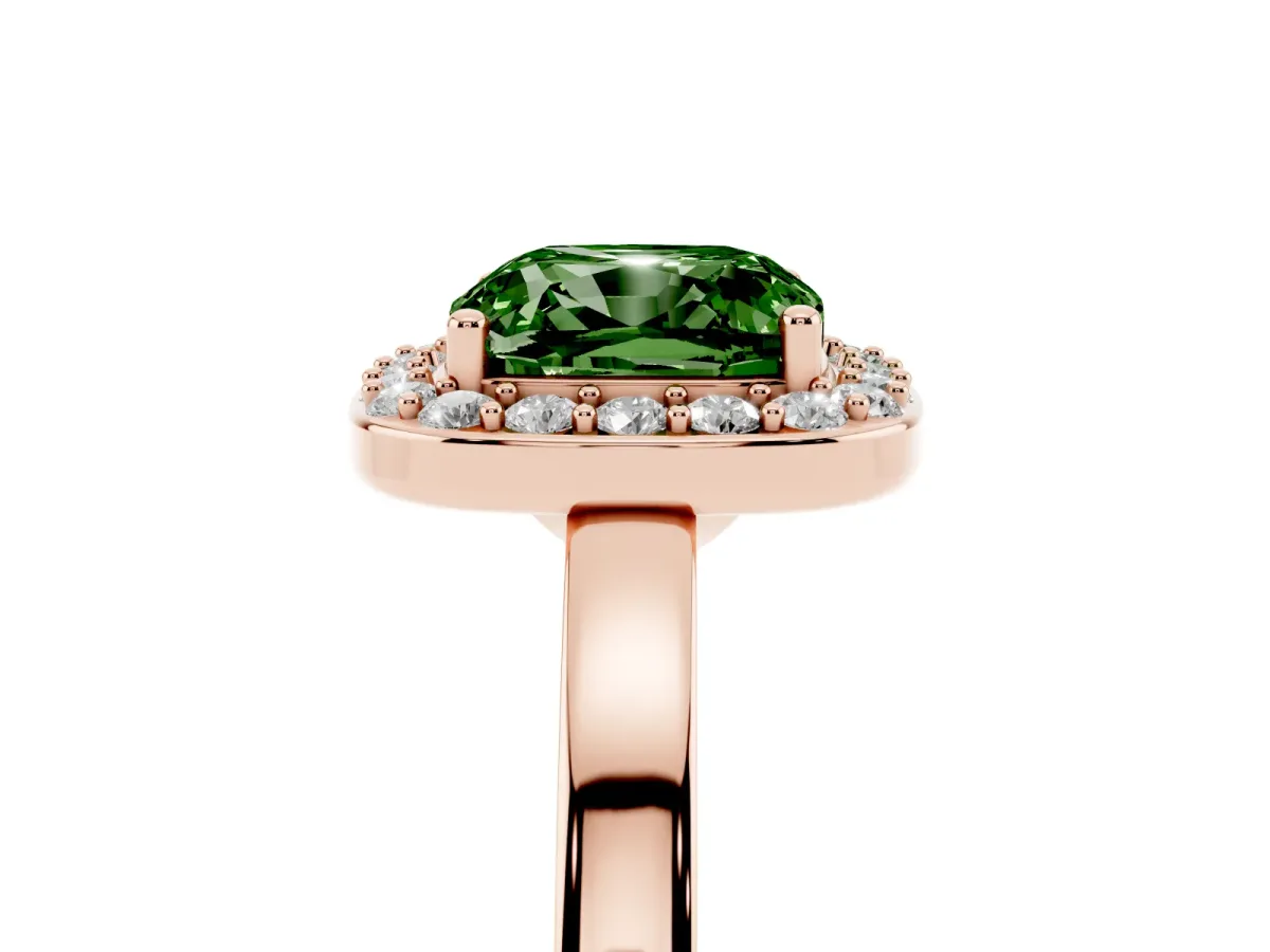 Fancy Green Cushion Cut Halo Diamond Ring with Solitaire Band and Prong Setting Rose gold