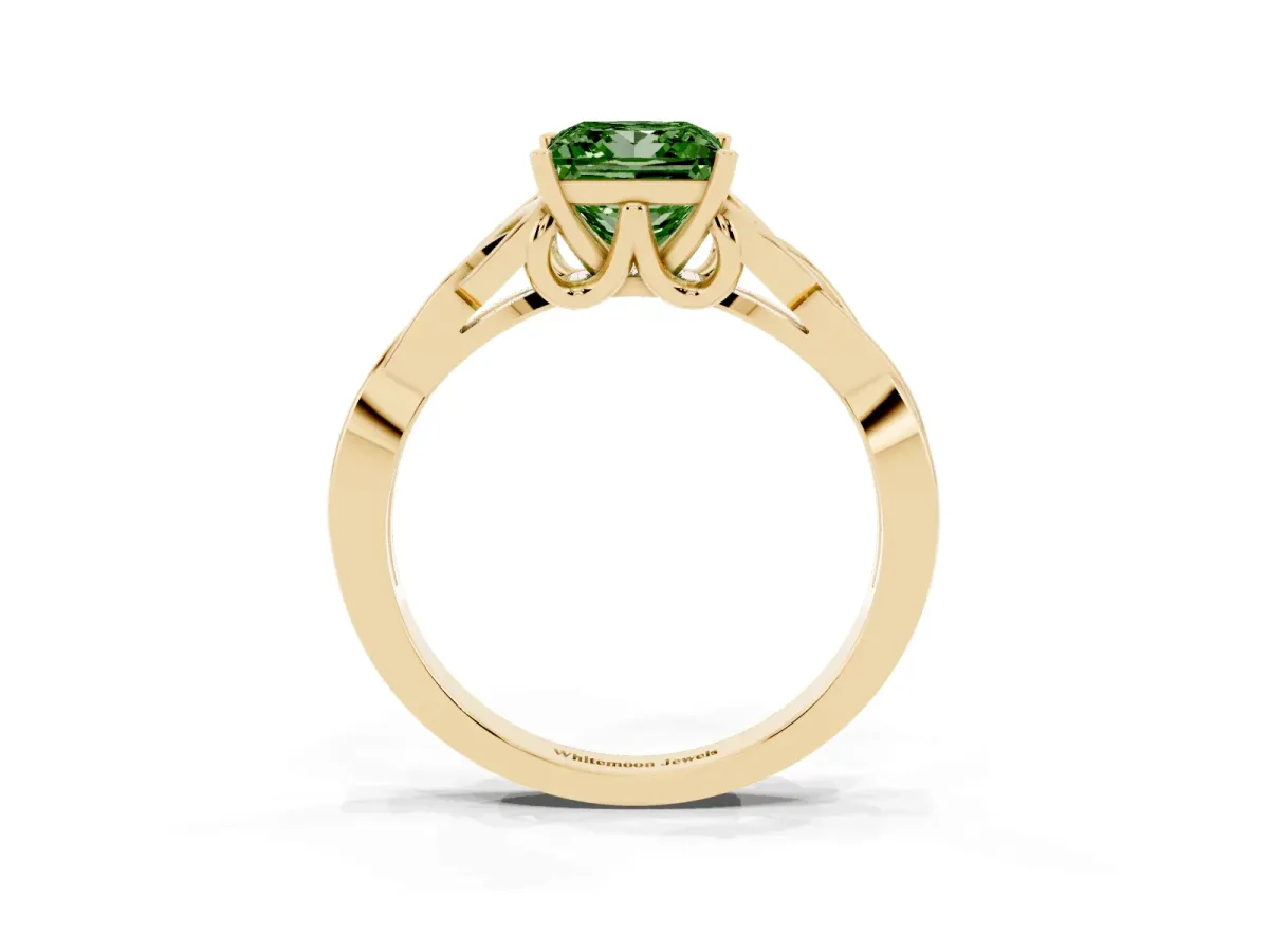 Fancy Green Princess Cut Diamond Solitaire Engagement Ring with Celtic Knot Band and Four-Prong Setting Yellow gold