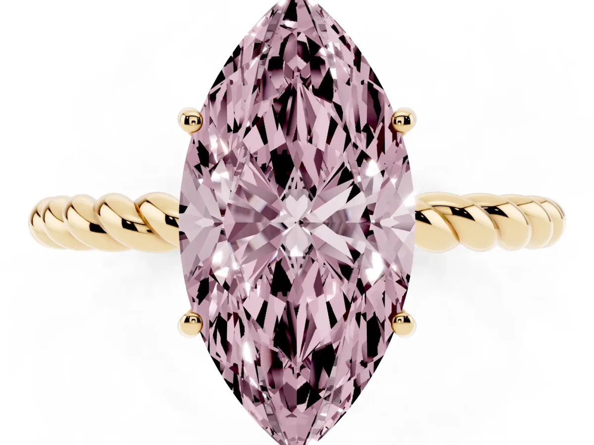Fancy Pink Marquise Cut Solitaire Twist Band Ring with Four-Prong Setting Yellow gold