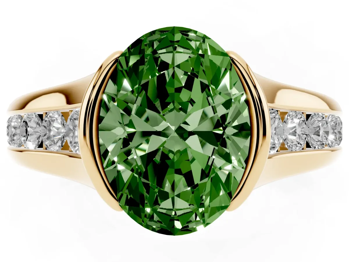 Fancy Green Oval Cut Solitaire Bezel-Set Diamond Ring with Channel-Set Band Yellow gold