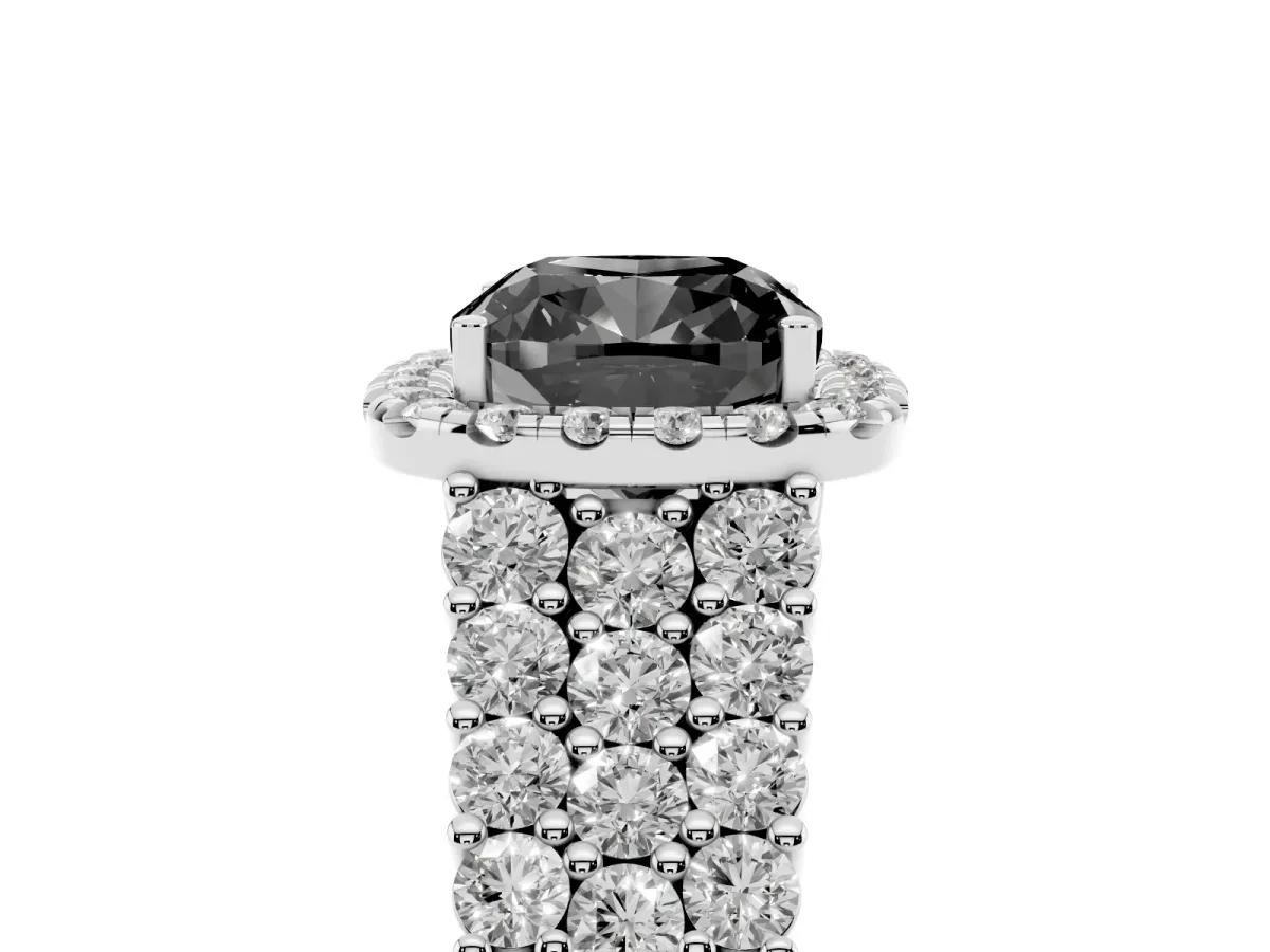 Fancy Black Cushion Cut Diamond Halo Engagement Ring with Triple Row Round Pavé Band and Prong Setting Silver