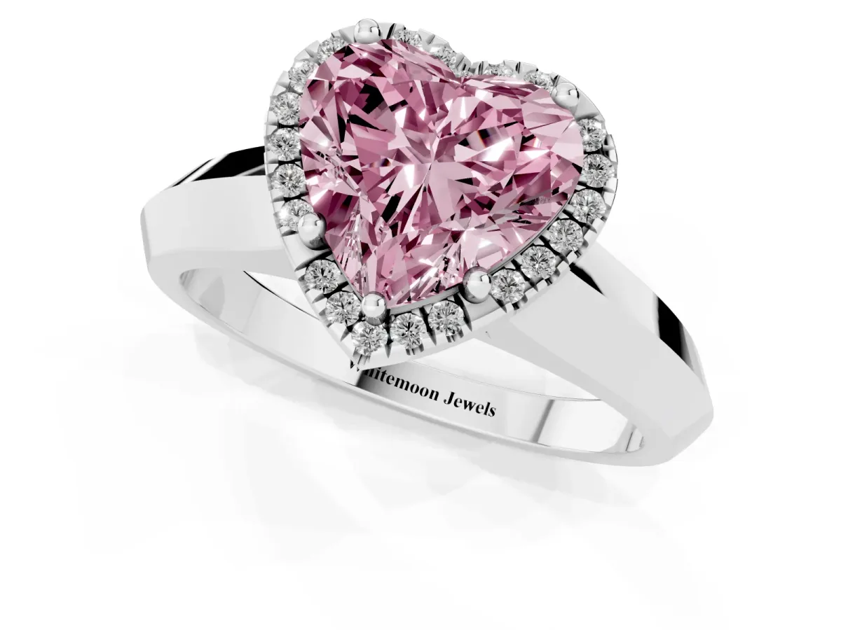 Fancy Pink Heart Cut Halo Diamond Ring with Cathedral Band and Four-Prong Setting Silver