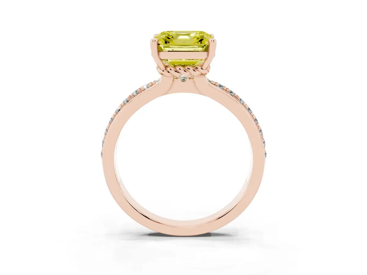 Fancy Yellow Asscher Cut Solitaire Diamond Ring with Channel Set Band and Six-Prong Setting Rose gold