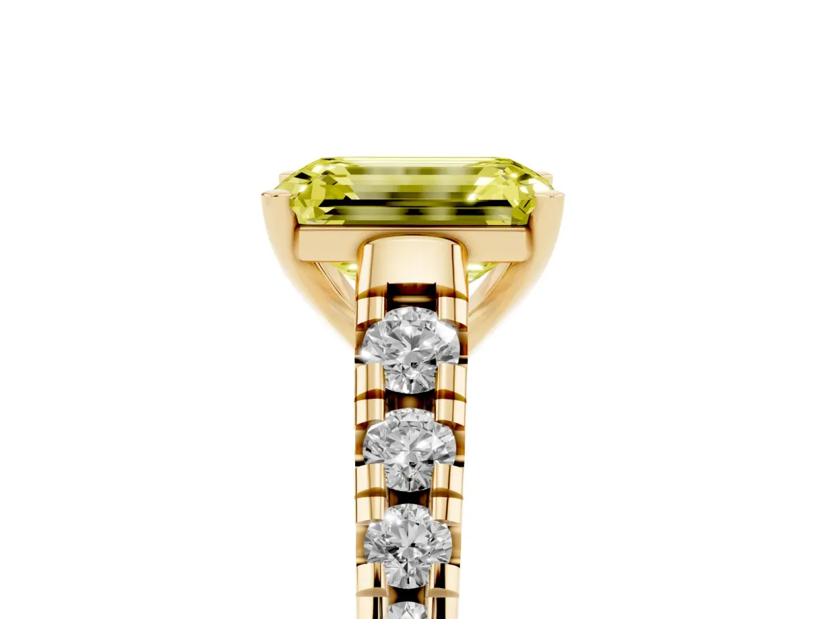 Fancy Yellow Emerald Cut Diamond Cathedral Solitaire Ring with Round Pavé Band Yellow gold