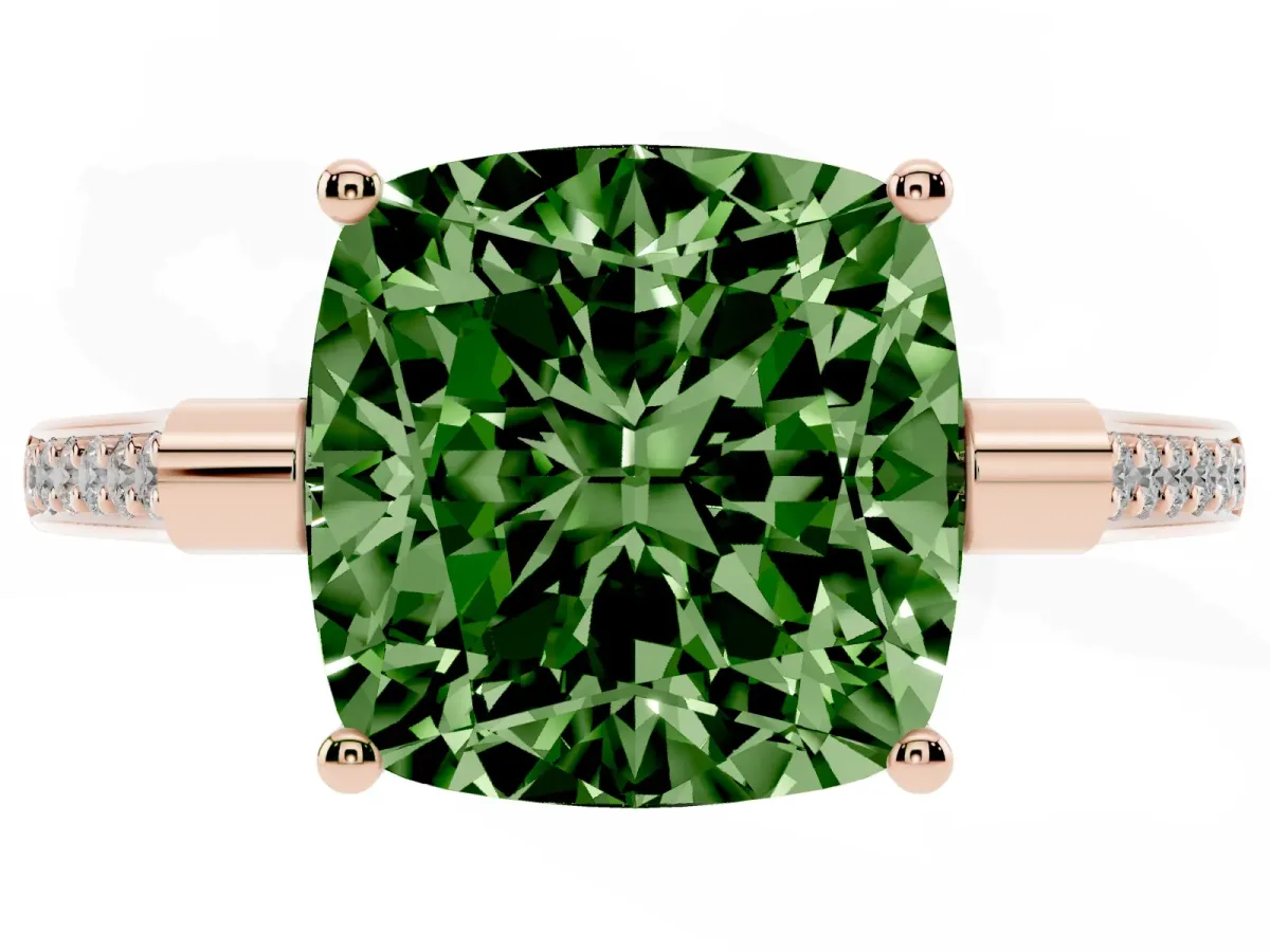 Fancy Green Cushion Cut Solitaire Diamond Ring with Channel Set Band and Bezel Prong Setting Rose gold