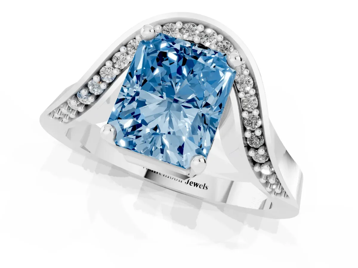 Fancy Blue Radiant Cut Solitaire Diamond Engagement Ring with Pave Band and Four-Prong Setting Platinum