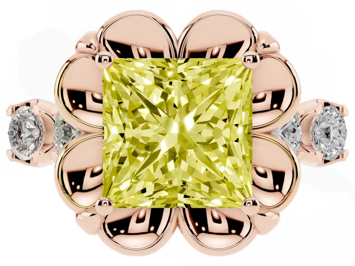 Fancy Yellow Princess Cut Cut Diamond Floral Halo Engagement Ring with Shared Prong Setting Rose gold