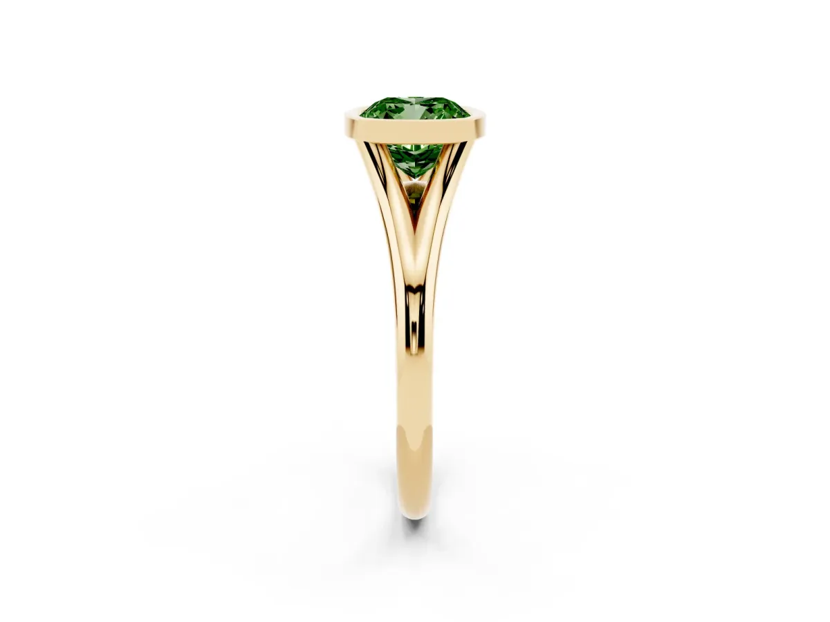 Fancy Green Bezel Set Cushion Cut Cut Solitaire Ring with Tapered Band Yellow gold