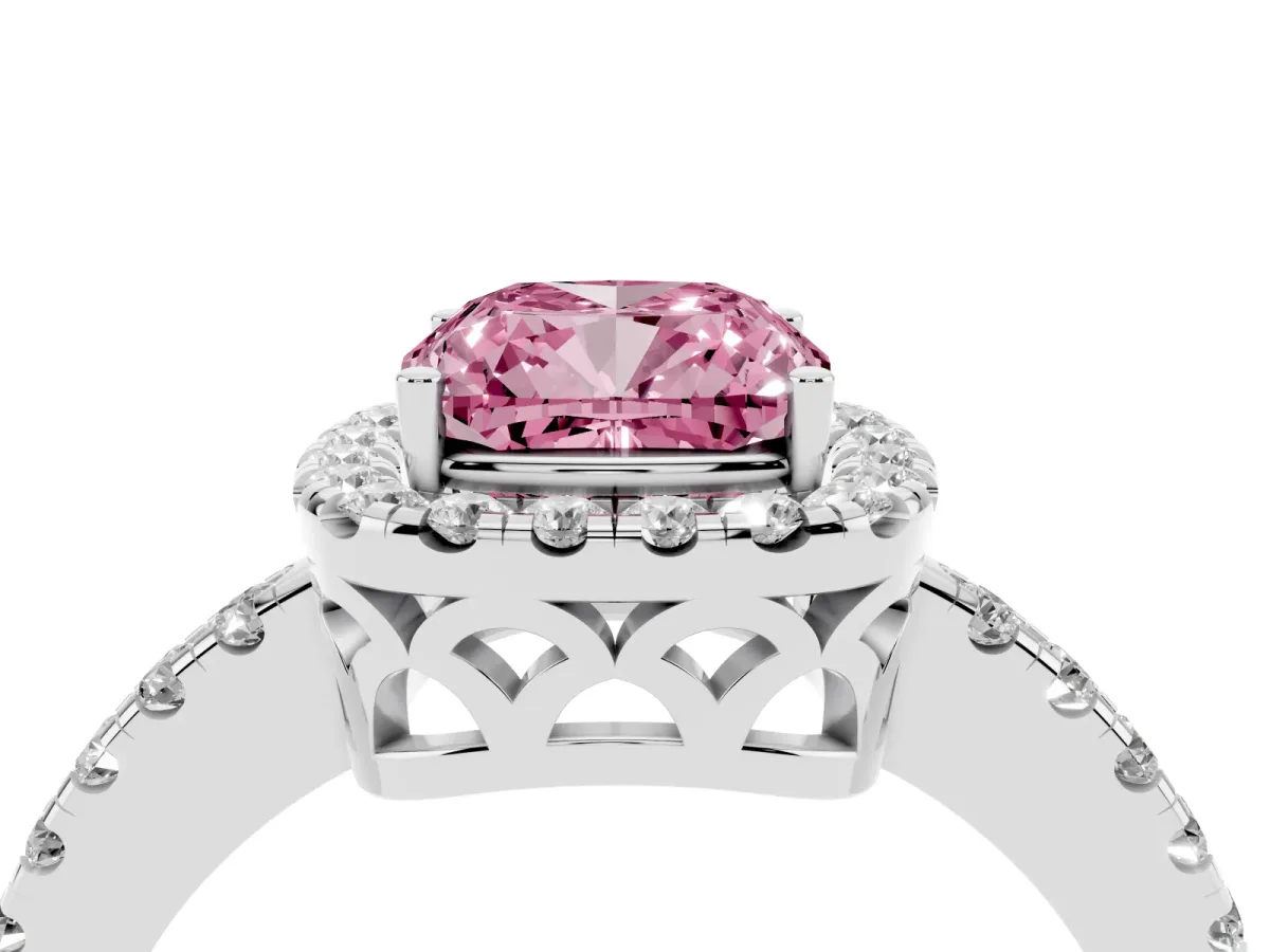 Fancy Pink Cushion Cut Halo Diamond Engagement Ring with Pavé Band and Four-Prong Setting Platinum