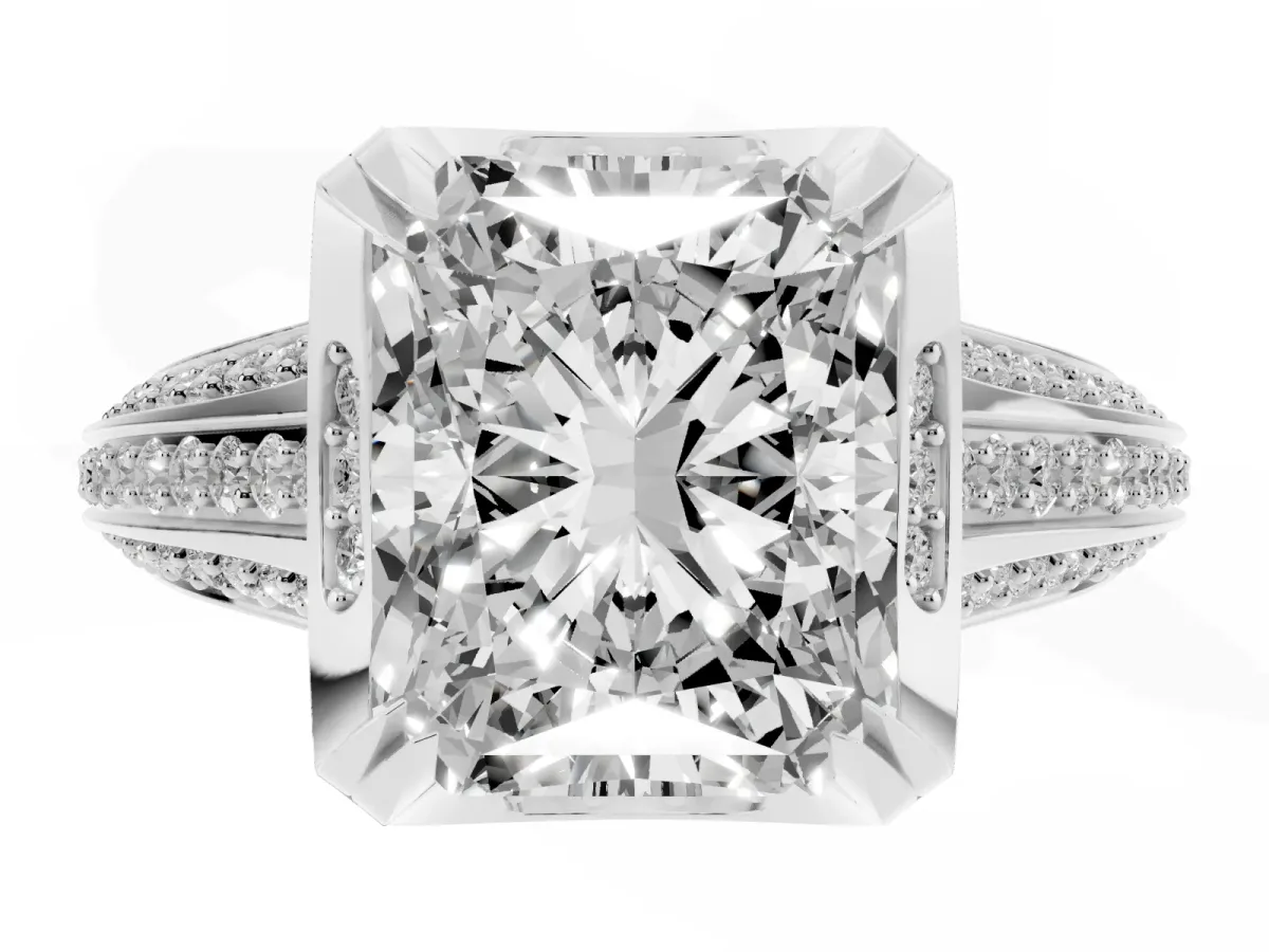 Radiant Cut Solitaire Pave Split Shank Ring with Four-Prong Setting Silver