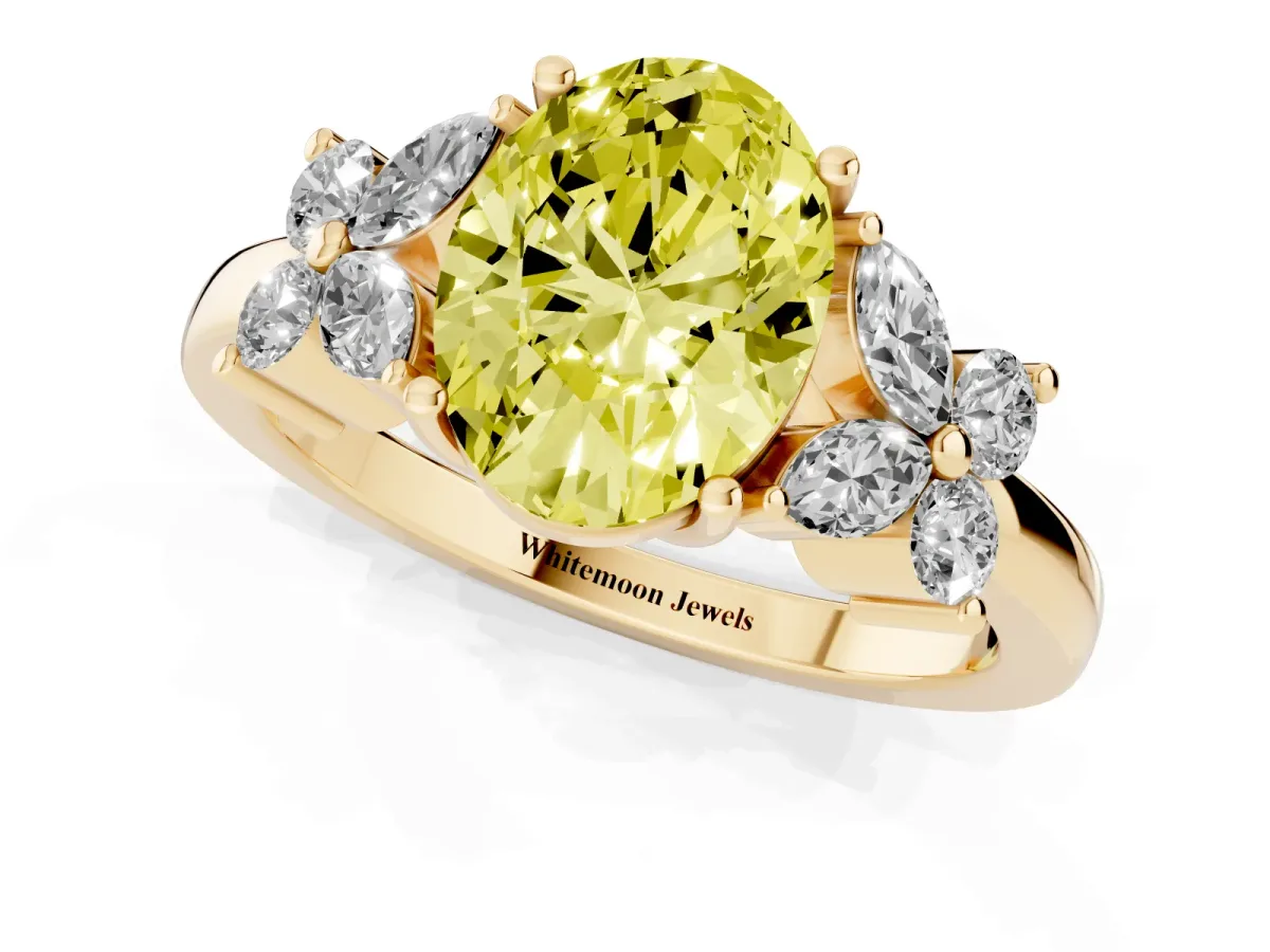 Fancy Yellow Oval Cut Diamond Floral Cluster Ring with Solitaire Band and Prong Setting Yellow gold