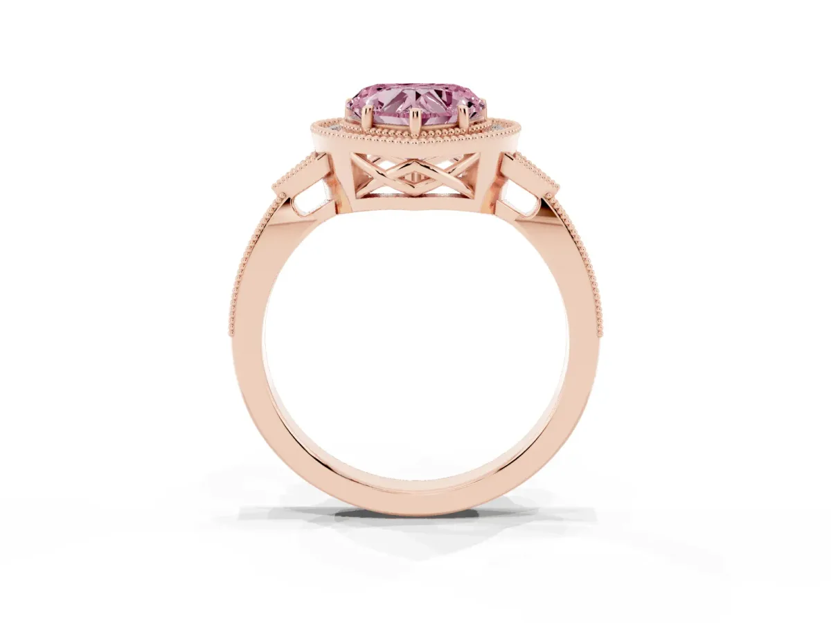 Fancy Pink Heart Cut Halo Round Diamond Milgrain Pave Engagement Ring Rose gold