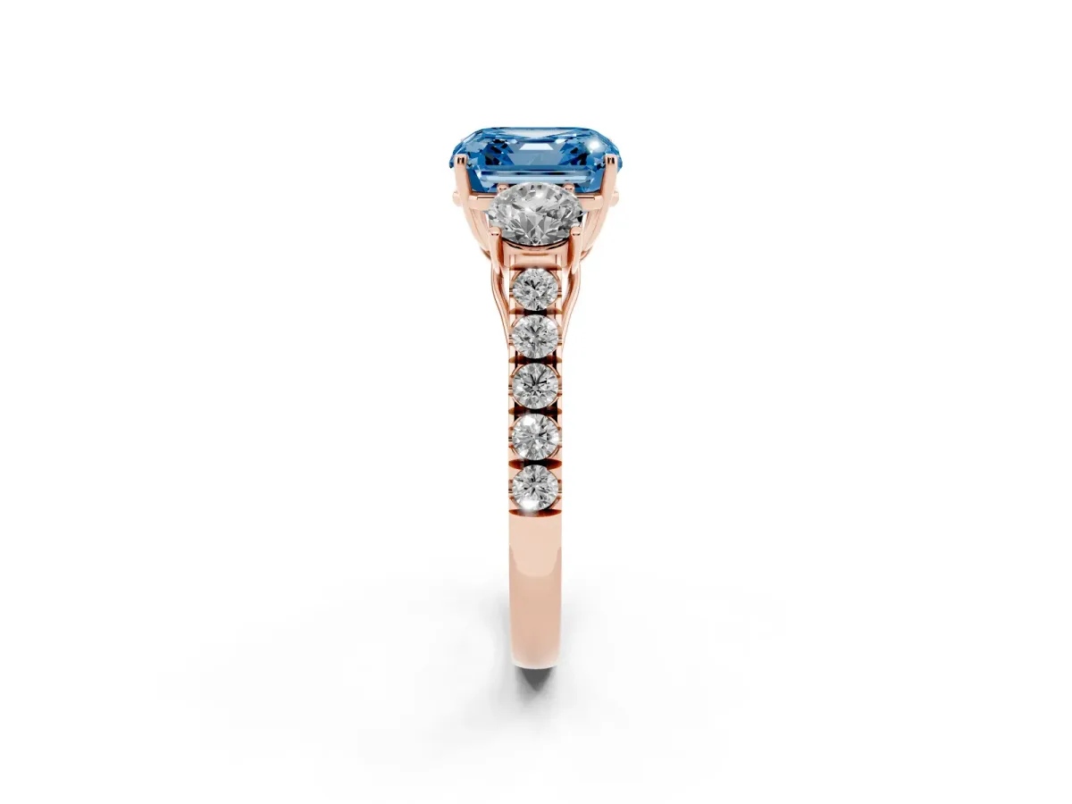 Fancy Blue Asscher Cut Cut Diamond Three-Stone Ring with Round Side Stones and Pavé Band Rose gold