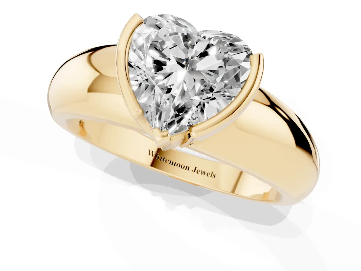 Heart Cut Solitaire Tension Set Diamond Ring with Wide Band Yellow gold