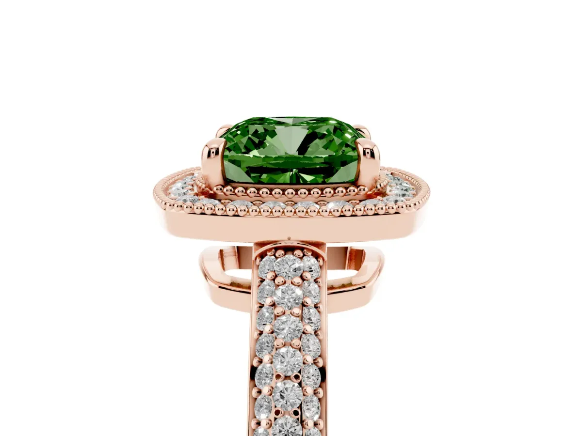 Fancy Green Cushion Cut Cut Halo Diamond Pave Band with Four-Prong Setting Rose gold