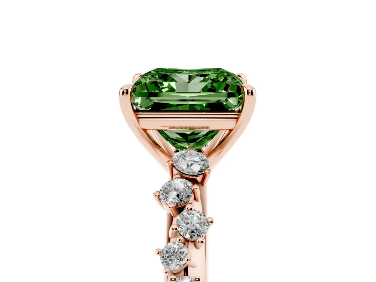 Fancy Green Princess Cut Diamond Cluster Side Stone Solitaire Ring with Prong Setting Rose gold