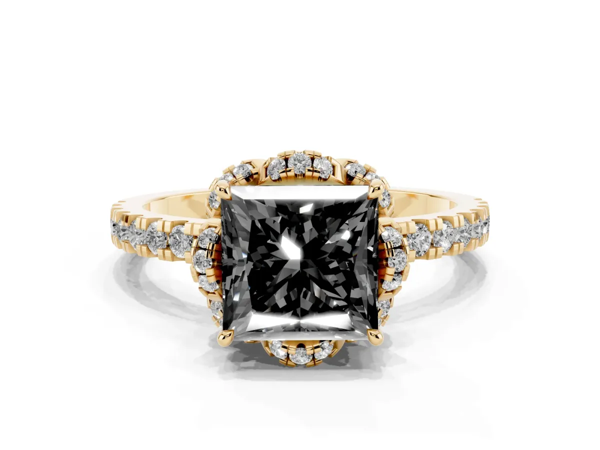 Fancy Black Princess Cut Diamond Halo Pave Band with Four-Prong Setting Yellow gold