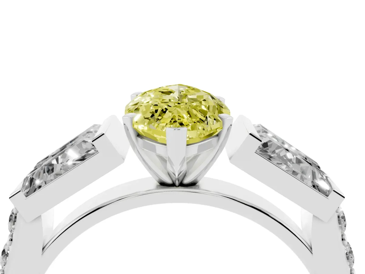 Fancy Yellow Marquise Cut Diamond Engagement Ring with Baguette Side Stones and Channel Set Band Silver