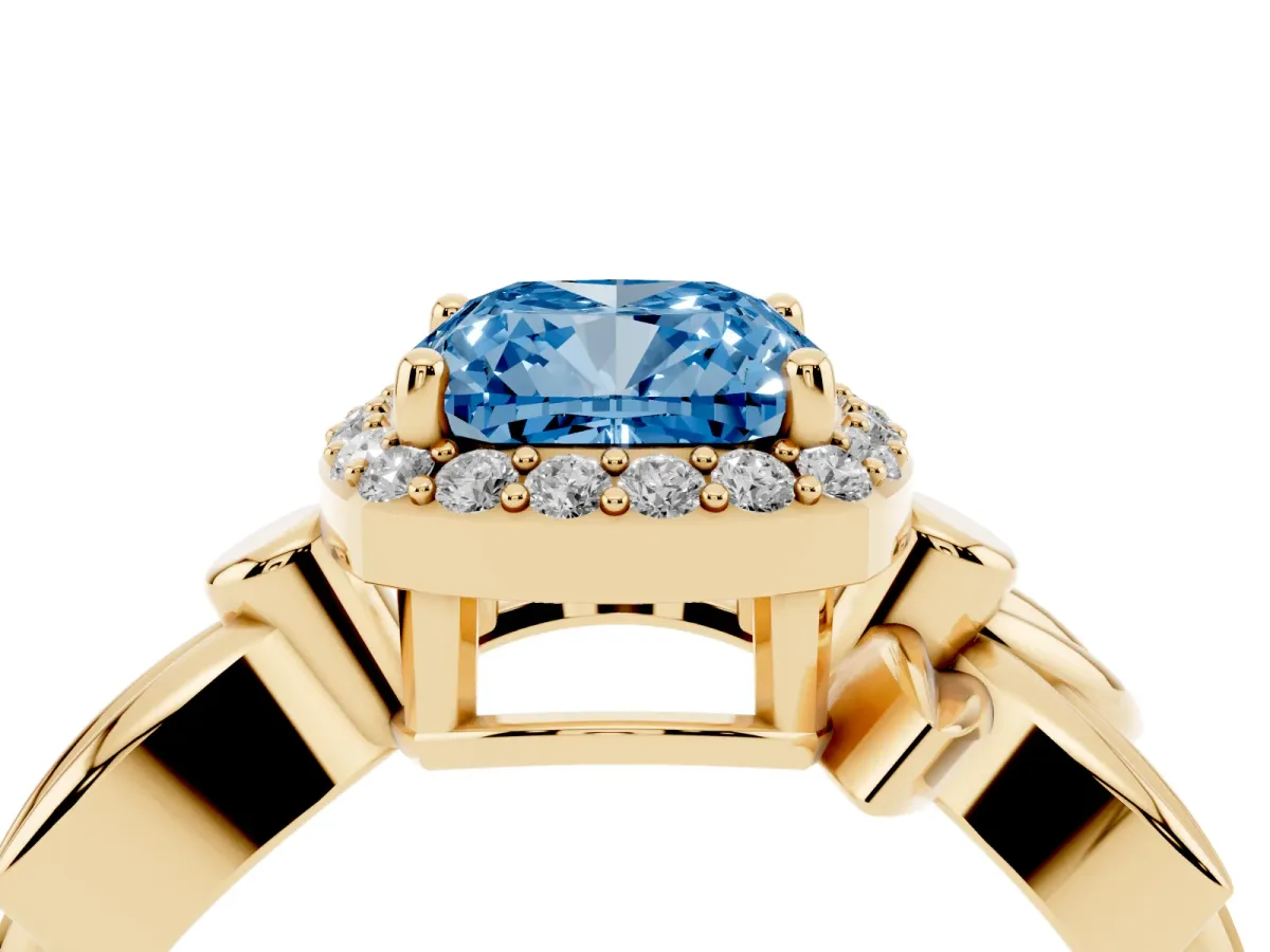 Fancy Blue Cushion Cut Halo Diamond Floral Band with Four-Prong Setting Yellow gold