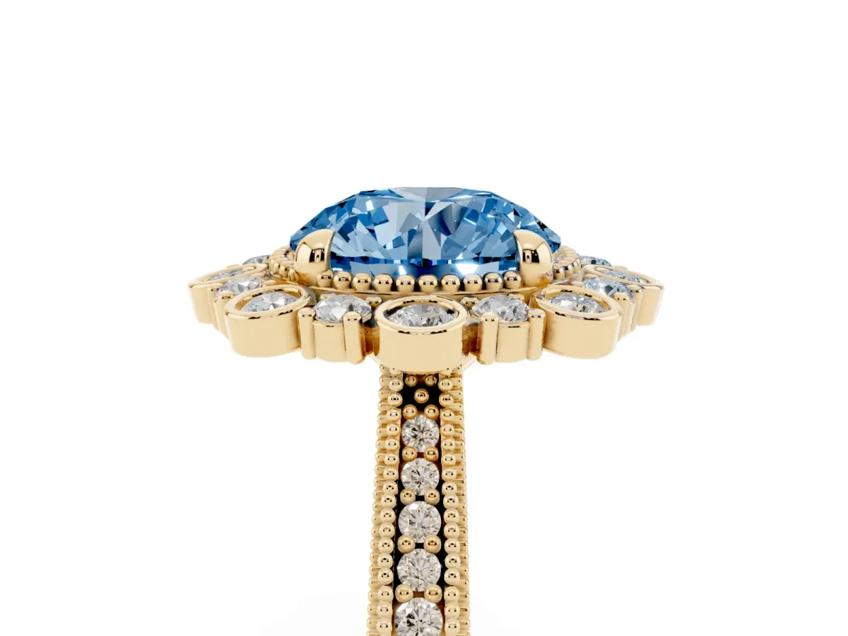 Fancy Blue Round Cut Halo Milgrain Pave Diamond Ring with Four-Prong Setting Yellow gold