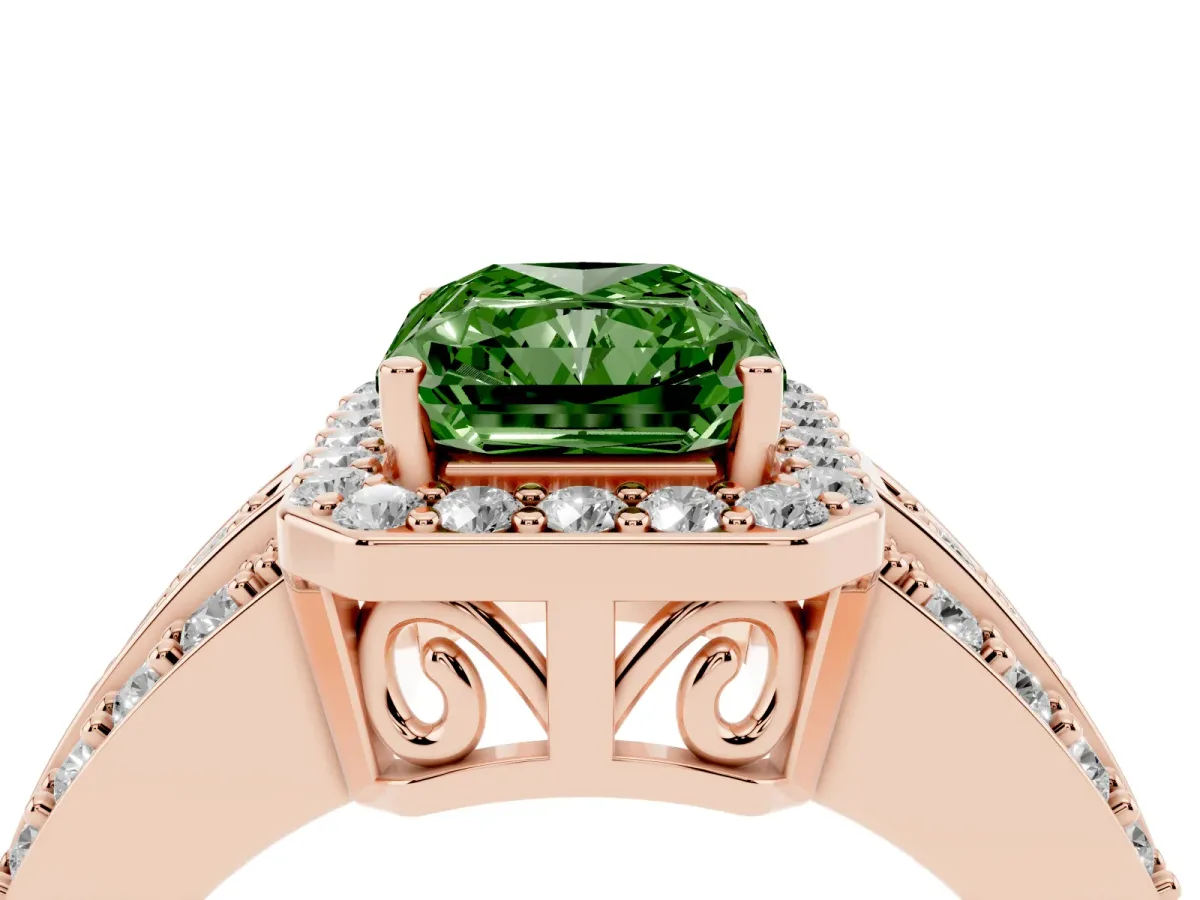 Fancy Green Radiant Cut Halo Diamond Ring with Round Split Shank and Prong Setting Rose gold