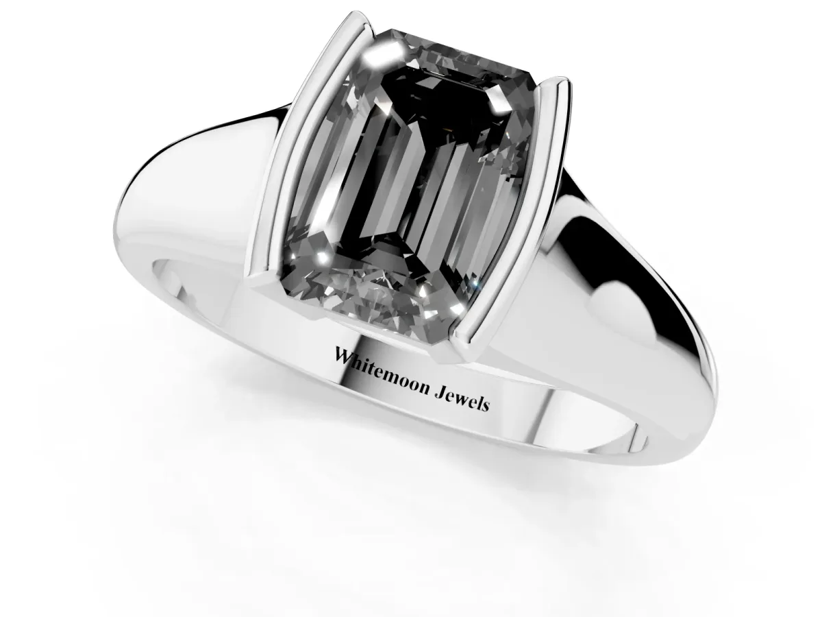 Fancy Black Emerald Cut Solitaire Tension Set Diamond Ring with Split Shank Band Platinum