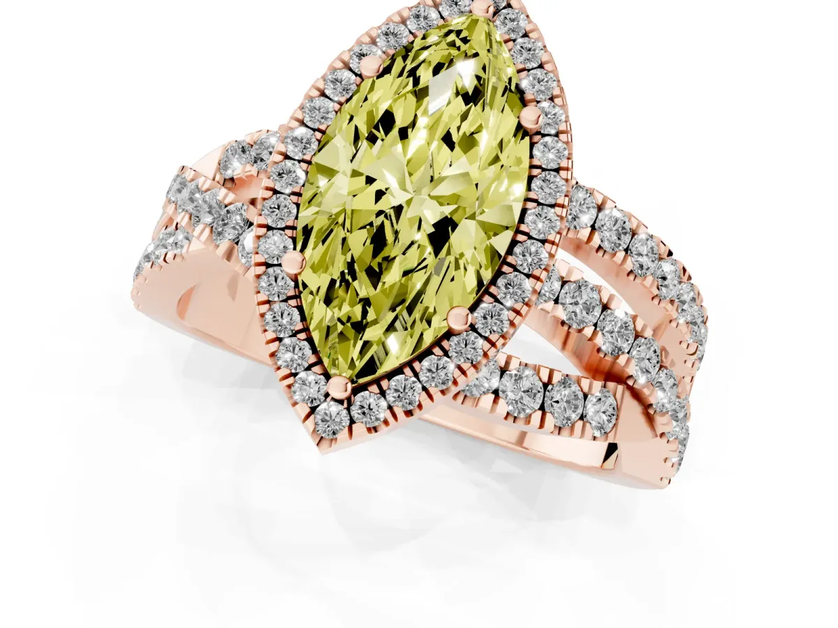 Fancy Yellow Marquise Cut Diamond Halo Ring with Round Split Shank and Prong Setting Rose gold