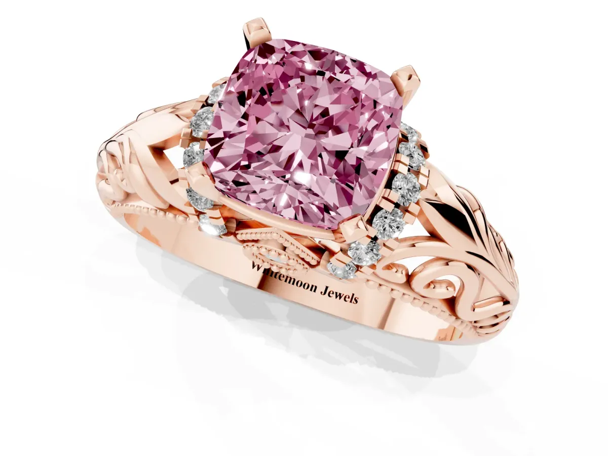 Fancy Pink Cushion Cut Solitaire Filigree Engagement Ring with Halo and Prong Setting Rose gold