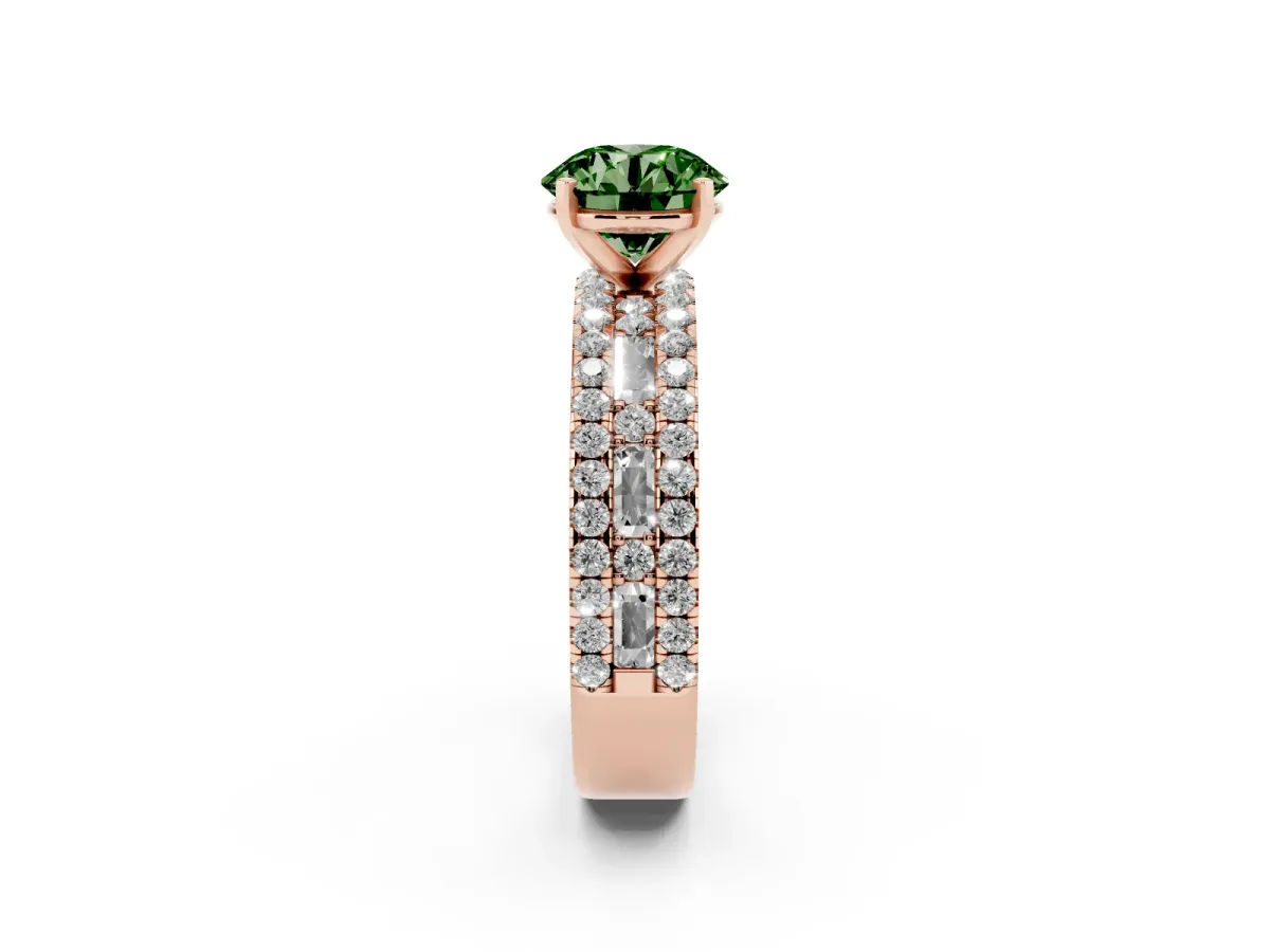 Fancy Green Round Cut Diamond Solitaire Ring with Pavé and Channel Set Band Rose gold