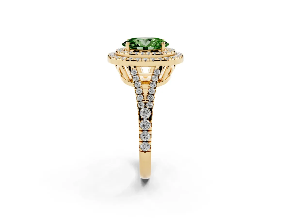 Fancy Green Oval Cut Diamond Double Halo Ring with Pavé Band and Prong Setting Yellow gold