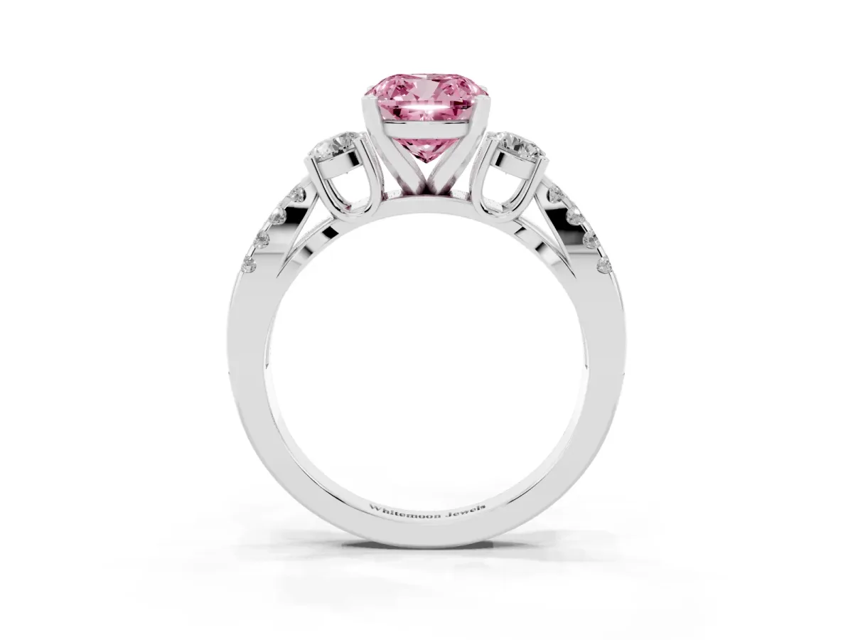 Fancy Pink Cushion Cut Diamond Three-Stone Ring with Pavé Split Shank and Four-Prong Setting Silver