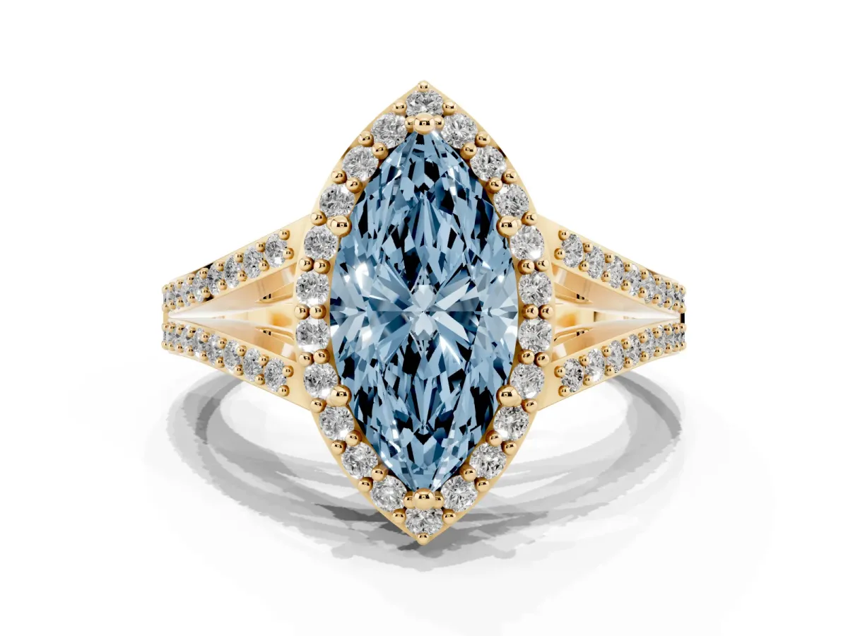 Fancy Blue Marquise Cut Halo Split Shank Diamond Ring with Prong Setting Yellow gold