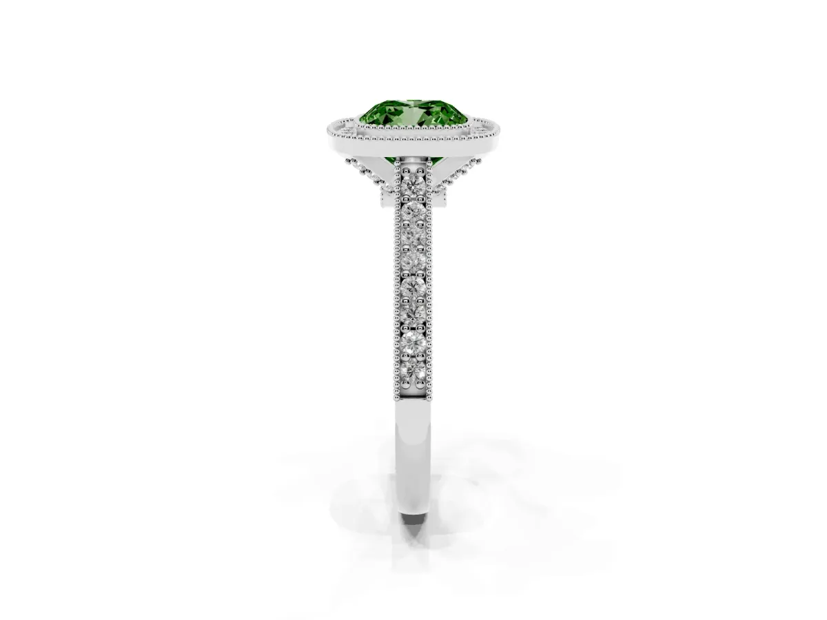 Fancy Green Halo Cushion Cut-Cut Diamond Pave Band Milgrain Prong Setting Ring Silver
