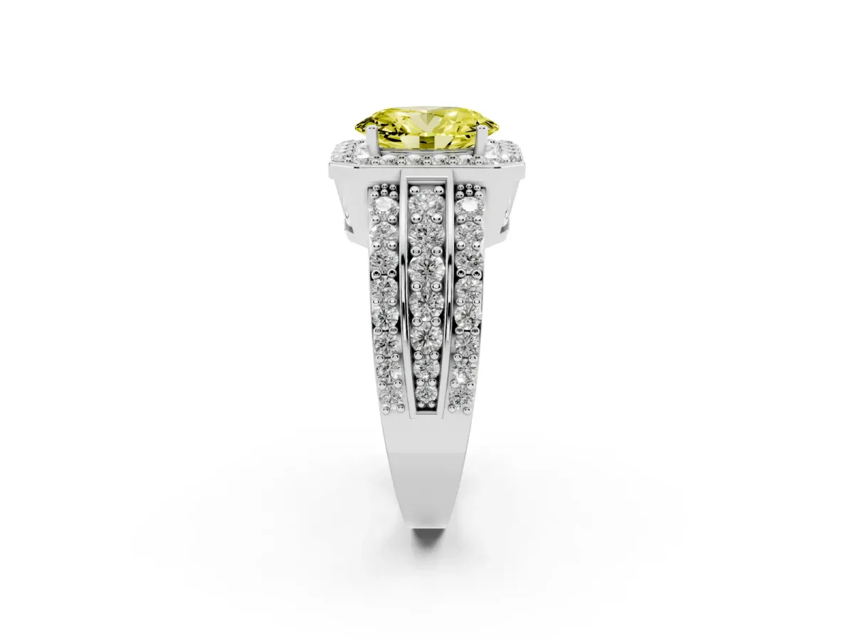 Fancy Yellow Oval Cut Halo Diamond Ring with Round Split Shank and Prong Setting Silver