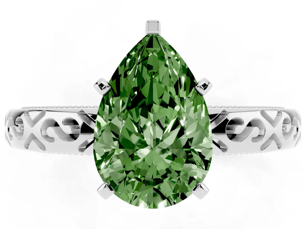 Fancy Green Pear Cut Solitaire Engagement Ring with Scrollwork Band and Four-Prong Setting White gold