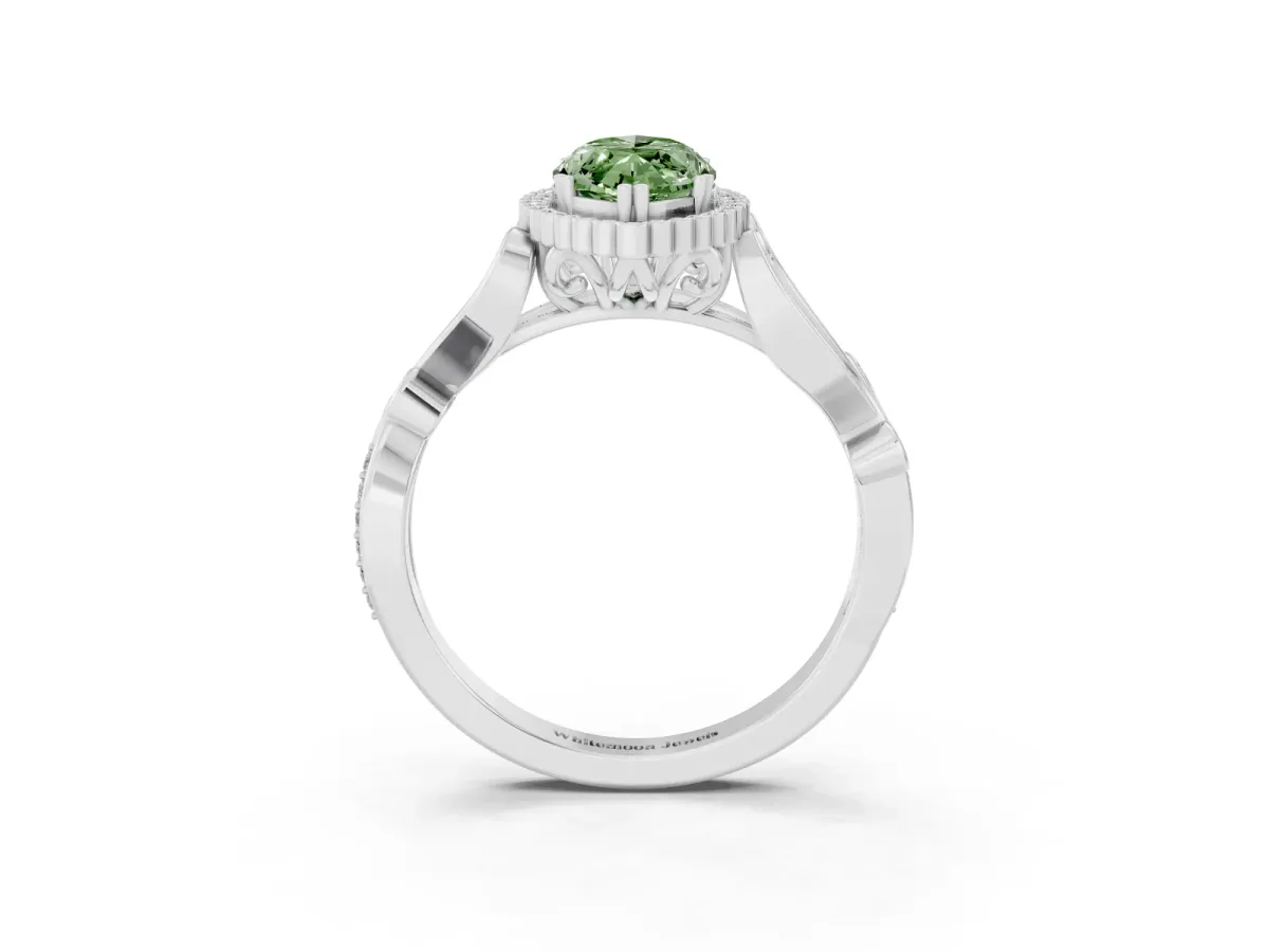 Fancy Green Marquise Cut Diamond Halo Ring with Vintage Split Shank and Four-Prong Setting Silver