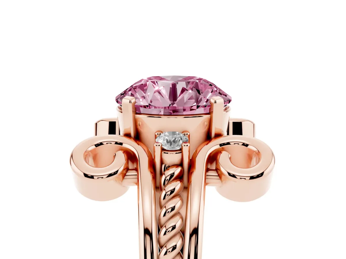 Fancy Pink Round Cut Solitaire Twisted Band Scroll Prong Ring Rose gold
