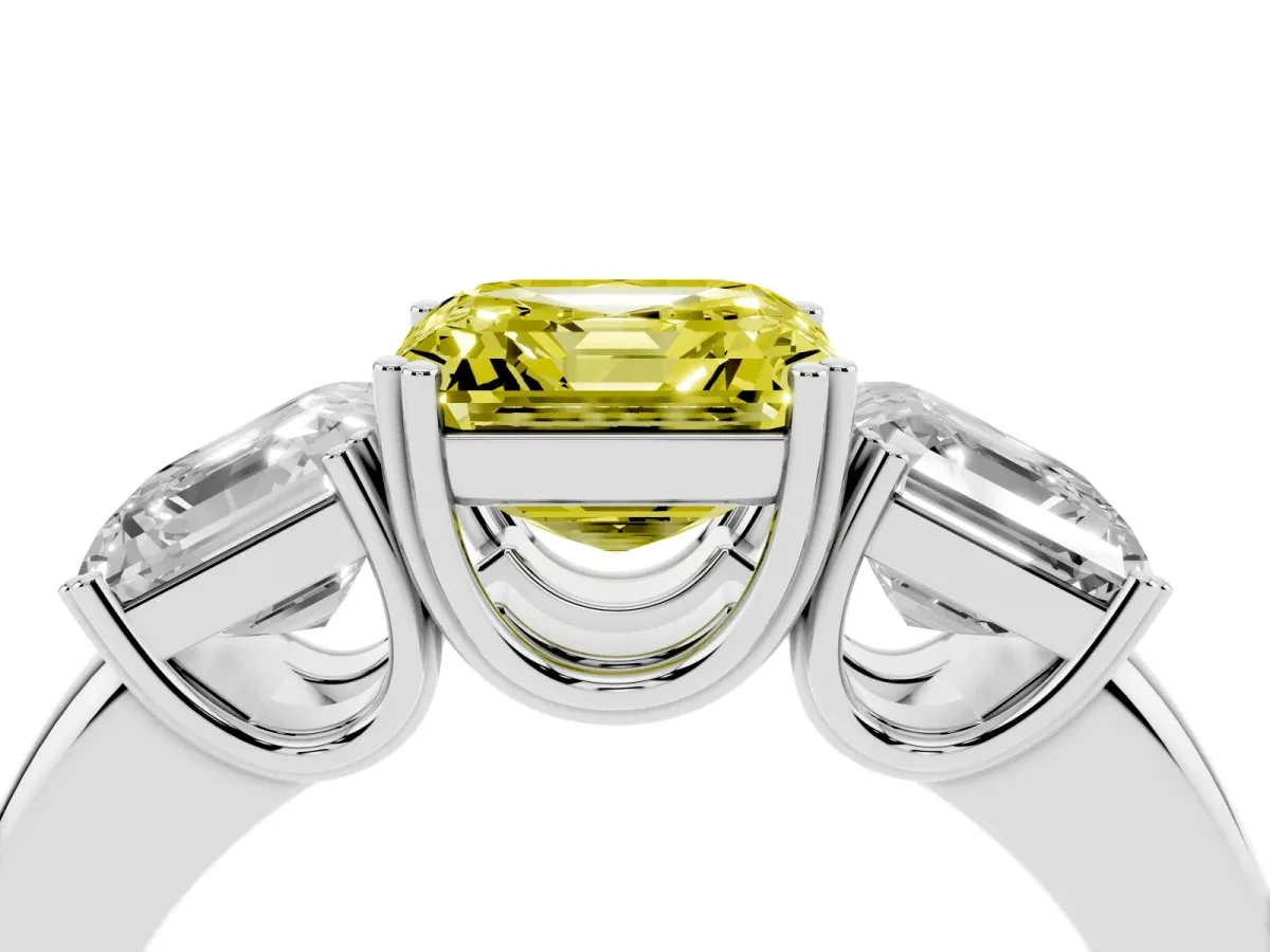 Fancy Yellow Three-Stone Asscher Cut Cut Diamond Ring with Channel Set Band and Four-Prong Setting White gold